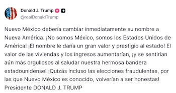Captura de pantalla de un mensaje de la cuenta de Donald Trump con texto en español sobre el estado de Nuevo México