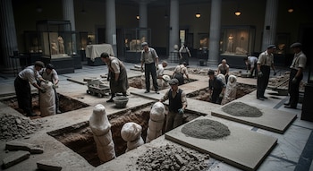 Hombres en un gran salón de museo con columnas, cavando zanjas y enterrando cuidadosamente estatuas envueltas en tela blanca, con montones de tierra y losas de cemento a su alrededor.