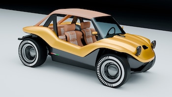 Un buggy moderno color amarillo mostaza y gris oscuro, con techo de lona beige y asientos de cuero marrón claro, sobre un fondo blanco y negro