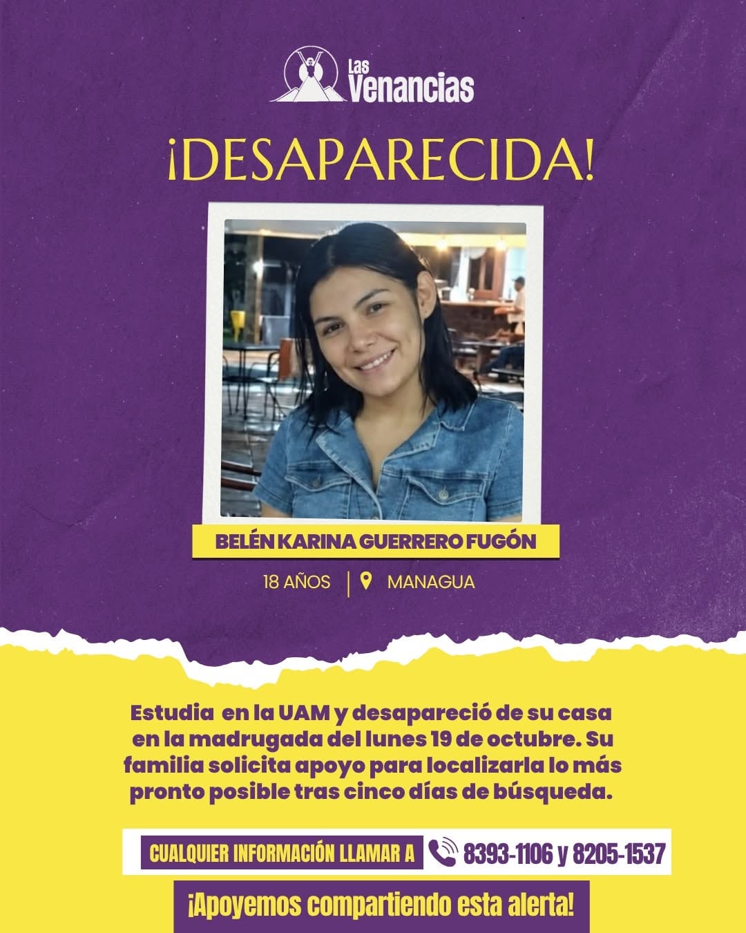 El Colectivo La Venancias se sumó a la difusión de la alerta y pidió no replicar datos no confirmados sobre el paradero de la joven. (Cortesía: Las Venecias)