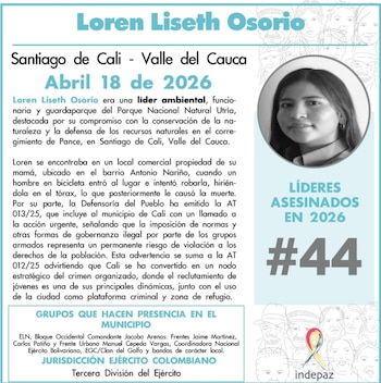 El Instituto de Estudios para la Paz (Indepaz) lamentó el homicidio de Loren Liseth Ramos en Cali - crédito Indepaz