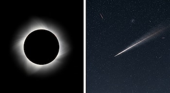Una imagen dividida. A la izquierda, un eclipse solar total. A la derecha, un cielo nocturno con múltiples meteoros luminosos y estrellas.