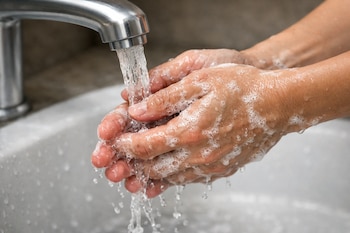 Manos de una persona con jabón espumoso bajo el chorro de agua de un grifo de metal sobre un lavabo blanco.