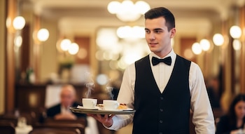 Un hombre joven con camisa blanca, chaleco negro y pajarita sostiene una bandeja con dos tazas humeantes de café y un pastel. Fondo de restaurante borroso.