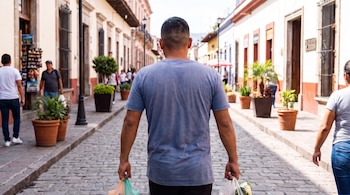 Un hombre camina de espaldas por una calle adoquinada bordeada de edificios de dos pisos con ventanas, llevando bolsas de compras en cada mano.