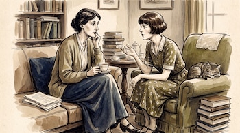 Ilustración de dos mujeres sentadas en una sala. Hay estanterías con libros, una mesa con tazas, una tetera, más libros apilados y un gato durmiendo.