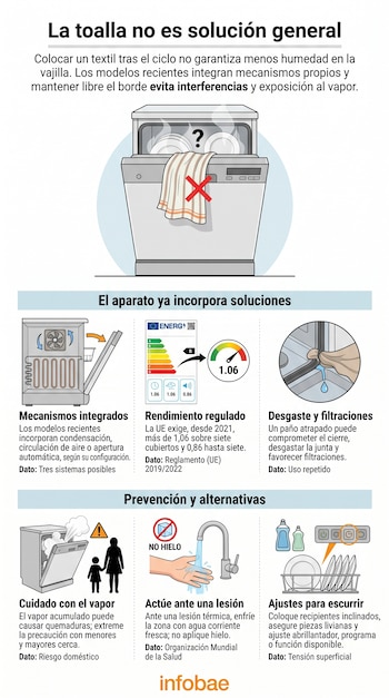 Infografía con ilustraciones de lavavajillas, etiquetas de la Unión Europea, grifo con agua, siluetas de personas y textos explicativos.