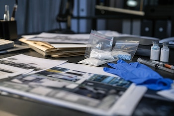 Fotografías, carpetas, guantes azules, jeringas, frascos y bolsas con polvo blanco y pastillas sobre una mesa.
