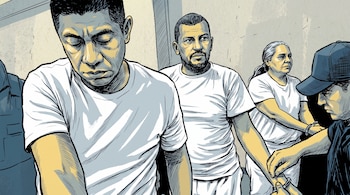 Ilustración de cuatro personas en una fila, dos hombres y una mujer de frente, y una cuarta persona de perfil, sujetando las manos de uno de los hombres.