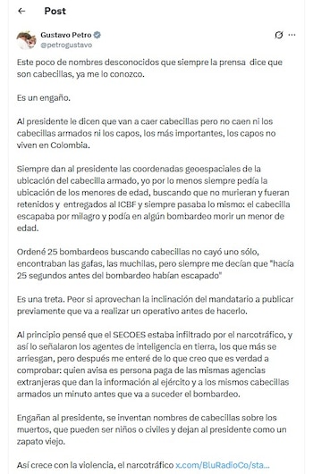 Captura de pantalla de una publicación en la red social X realizada por la cuenta verificada de Gustavo Petro con un texto extenso