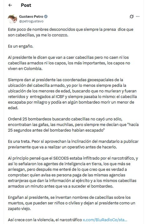 El presidente de Colombia, Gustavo Petro, señala irregularidades en la inteligencia militar y la ejecución de bombardeos en un mensaje publicado en la red social X. (Vìa X)