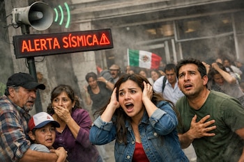Una multitud de mexicanos en una calle polvorienta, con expresiones de pánico. Un letrero rojo muestra "ALERTA SÍSMICA" y un altavoz emite ondas verdes.