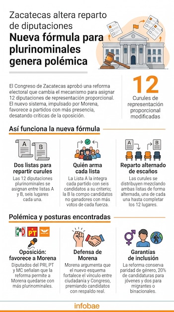 Infografía sobre reforma electoral en Zacatecas. Incluye edificio legislativo, listas A y B, personas, sillas, logos de partidos PRI, PT, Movimiento Ciudadano y símbolos de inclusión. Logo Infobae.