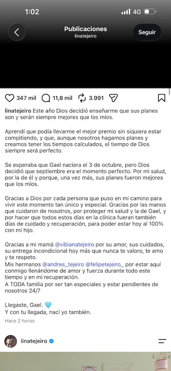 Lina Tejeiro reveló por qué el nacimiento de Gael ocurrió antes de octubre - crédito linatejeiro/Instagram