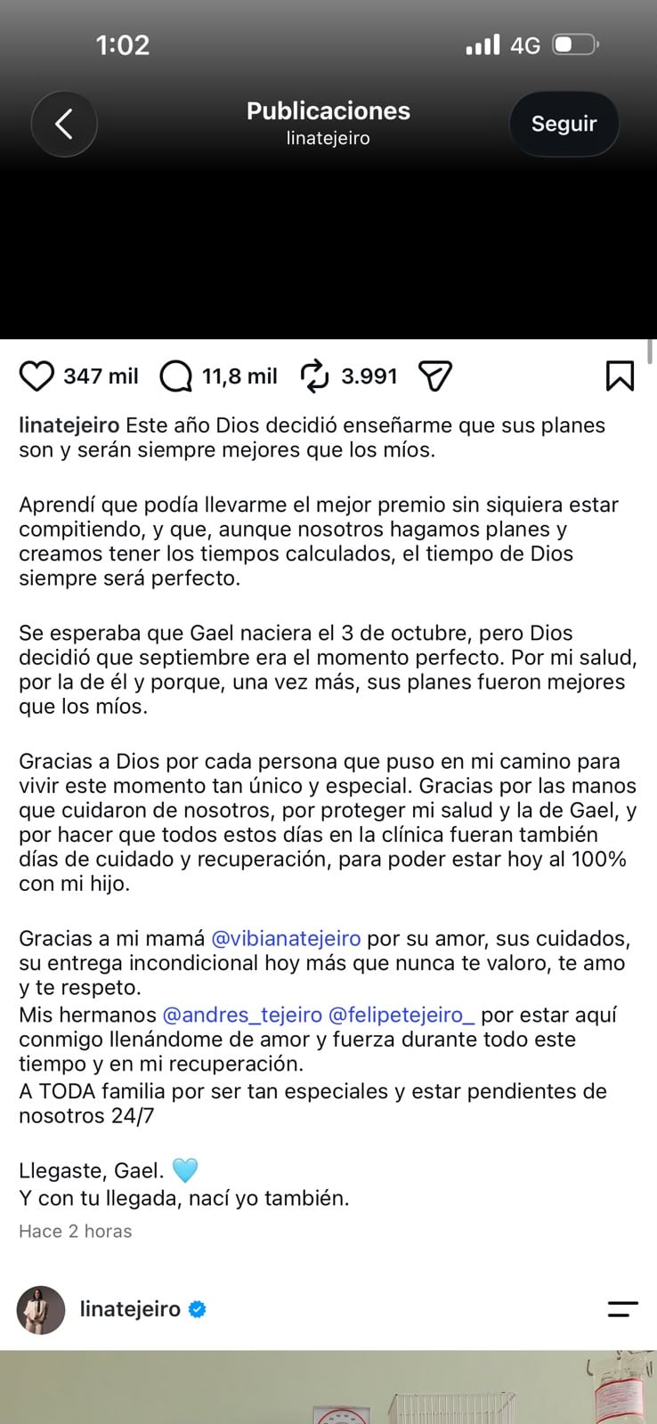 Lina Tejeiro reveló por qué el nacimiento de Gael ocurrió antes de octubre - crédito linatejeiro/Instagram