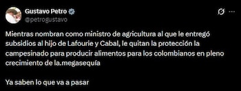 Gustavo Petro cuestionó en X el nombramiento de Indalecio Dangond y afirmó que la decisión anticipa el rumbo de la política agraria del próximo gobierno - crédito Gustavo Petro/X