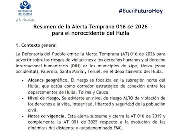 En julio de 2026, la Defensoría del Pueblo advirtió del alto riesgo en materia de seguridad para varias poblaciones del noroccidente del departamento de Huila - crédito Defensoría del Pueblo