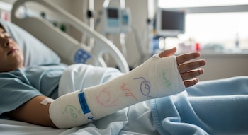 Un niño tumbado en una cama de hospital con un brazo enyesado decorado con garabatos de colores. Se observan equipos médicos al fondo.