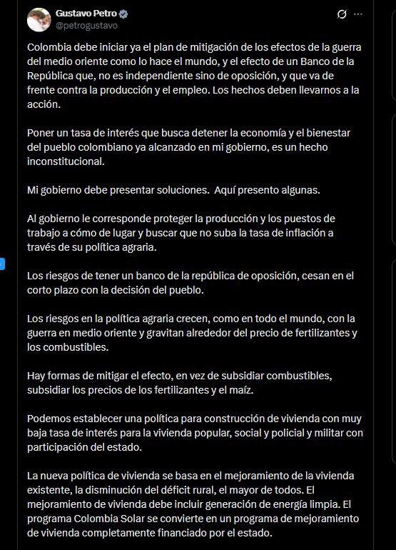 Gustavo Petro advirtió sobre las consecuencias de mantener una política monetaria restrictiva y alertó que “los riesgos de tener un Banco de la República de oposición, cesan en el corto plazo con la decisión del pueblo” - crédito @petrogustavo/X