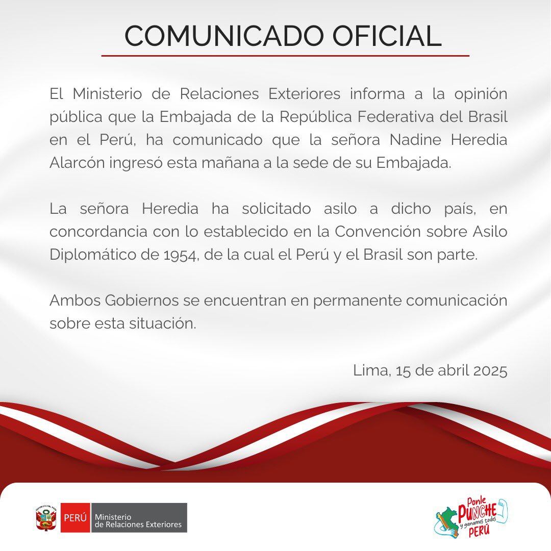 Nadine Heredia busca asilo en Brasil tras condena de 15 años. Presentó solicitud a la embajada de ese país, informó la Cancillería
