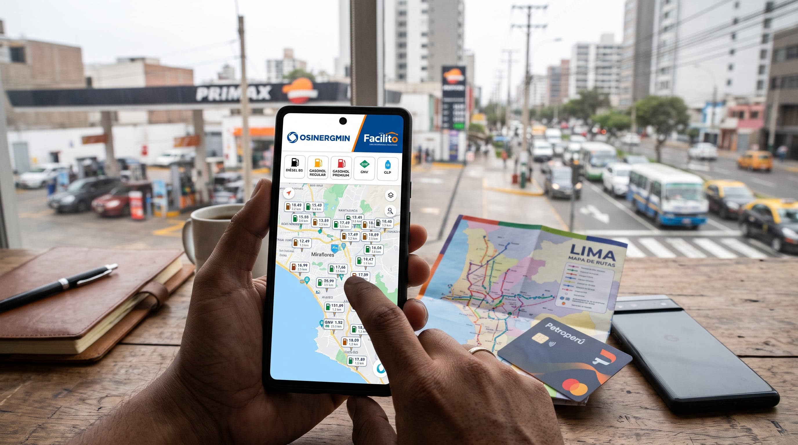 Un usuario consulta en un teléfono inteligente los precios de los combustibles en Lima mediante la plataforma Facilito de Osinergmin frente a una estación de servicio. (Imagen Ilustrativa Infobae)