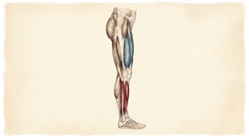 Ilustración naturalista de una pierna humana adulta de perfil, con el muslo lateral en azul y la tibia medial en rojo, sobre un fondo texturado beige.