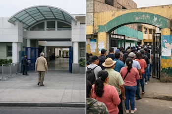 Imagen dividida: a la izquierda, entrada de un colegio moderno y vacío con un votante solitario; a la derecha, entrada de un colegio antiguo con una larga fila de votantes.