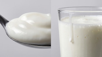 Una cuchara de metal con yogur blanco cremoso a la izquierda y un vaso de cristal con kéfir blanco líquido, burbujas y una gota deslizándose a la derecha.