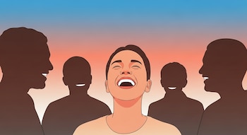 Ilustración plana: persona riendo a carcajadas en primer plano, rodeada de cuatro siluetas oscuras sonrientes. Fondo degradado de azul a coral.