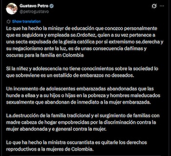 Petro sostuvo que la falta de conocimientos sobre sexualidad podría contribuir al aumento de embarazos adolescentes y al abandono de mujeres embarazadas, situaciones que, según afirmó, pueden profundizar las condiciones de pobreza de las madres y sus hijos - crédito @petrogustavo/X