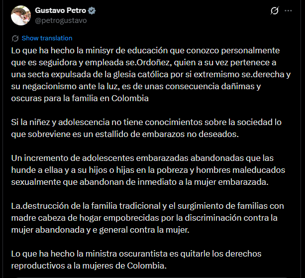 Petro sostuvo que la falta de conocimientos sobre sexualidad podría contribuir al aumento de embarazos adolescentes y al abandono de mujeres embarazadas, situaciones que, según afirmó, pueden profundizar las condiciones de pobreza de las madres y sus hijos - crédito @petrogustavo/X