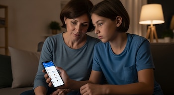 Una madre y su hijo adolescente sentados en un sofá oscuro, ambos mirando atentamente la pantalla de un teléfono móvil que muestra una aplicación de redes sociales.