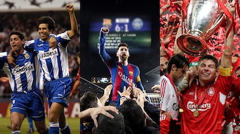 Tres imágenes de futbolistas celebrando victorias en el campo, una de ellas con un jugador alzando un trofeo entre confeti.