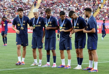 Lamine Yamal, Dani Olmo, Pedri, Pau Cubarsi, Ferrán Torres y Eric García. (REUTERS/Bruna Casas)