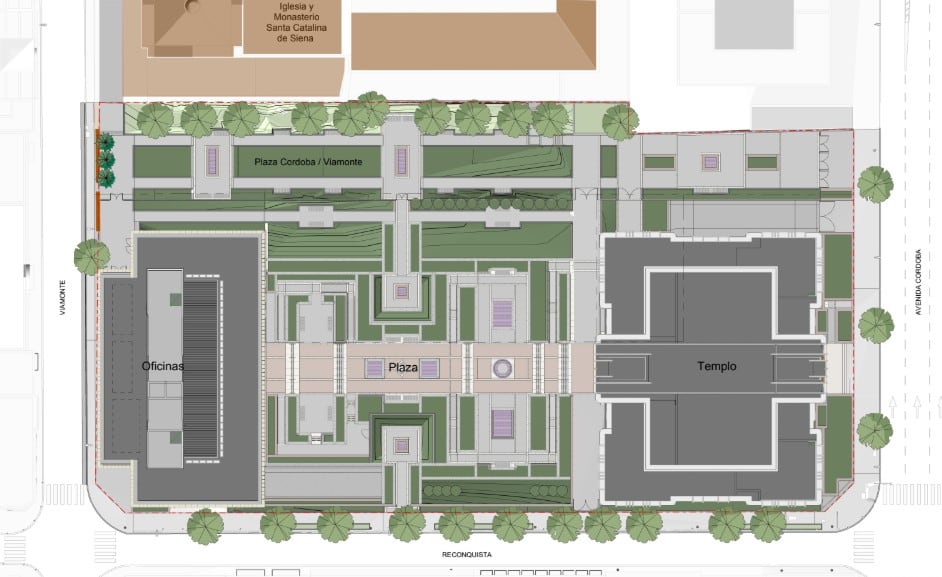 Entre estacionamientos subterráneos, el templo y el edificio de oficinas, se proyecta la construcción de unos 30.000 metros cuadrados. Imagen: Proyecto de la Iglesia de Jesucristo de los Santos de los Últimos Días
