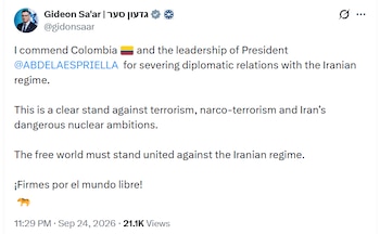 El ministro de Exteriores de Israel, Gideon Sa'ar, respaldó públicamente la decisión colombiana y la relacionó con las posiciones de su Gobierno frente al terrorismo, el narcoterrorismo y el programa nuclear iraní - crédito @gidonsaar/X