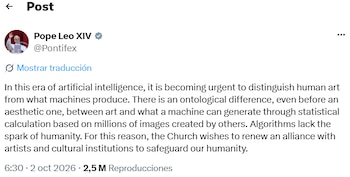 Captura de pantalla de una publicación en redes sociales atribuida al usuario Pope Leo XIV con un texto en inglés