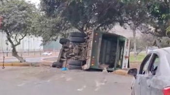 Un camión de basura verde y blanco volcado de lado en el costado de una carretera, con árboles, un poste y un coche gris a la derecha