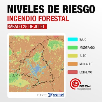 Niveles de riesgo de incendios forestales el sábado 25 de julio en la Comunidad de Madrid. (112 Comunidad de Madrid)