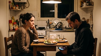 Hombre y mujer cenan en una mesa de madera mientras el hombre observa la pantalla de un teléfono celular bajo la mesa.