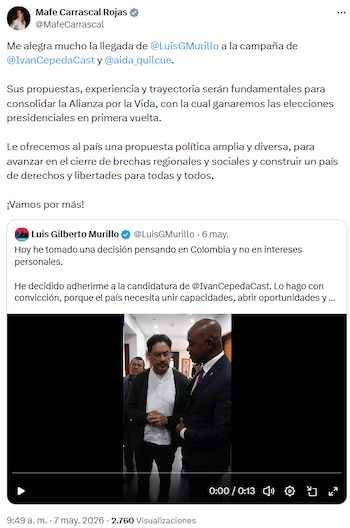 Mafe Carrascal destacó que la experiencia de Luis Gilberto Murillo fortalecerá la Alianza por la Vida en la campaña de Iván Cepeda - crédito @MafeCarrascal/X
