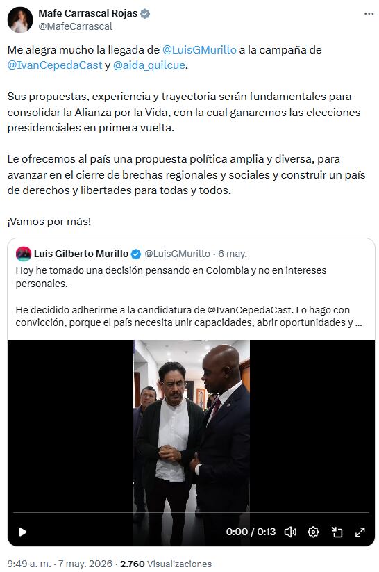 Mafe Carrascal destacó que la experiencia de Luis Gilberto Murillo fortalecerá la Alianza por la Vida en la campaña de Iván Cepeda - crédito @MafeCarrascal/X