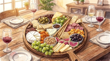 Tabla de madera con quesos, embutidos, aceitunas, uvas, galletas, almendras, albaricoques secos y sandía; cuatro copas de vino y platos en mesa rústica.