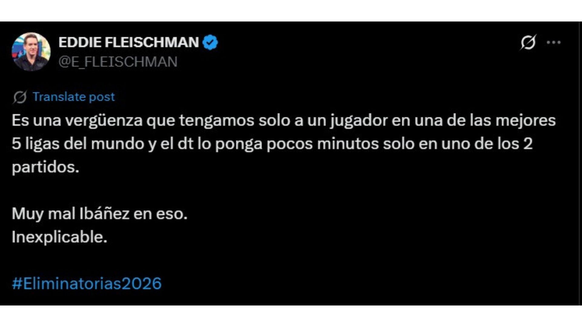 Eddie Fleischman cuestionó a Óscar Ibáñez por los pocos minutos de Oliver Sonne en la derrota de Perú ante Paraguay.