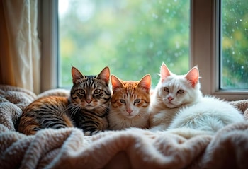 Tres gatos, uno atigrado, uno anaranjado y uno blanco, están acostados juntos sobre una manta clara cerca de una ventana