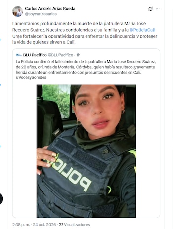 El concejal de Cali Carlos Andrés Arias Rueda lamentó la muerte de la patrullera María José Recuero Suárez - crédito @soycarlosaarias/X