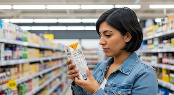 Mujer con chaqueta vaquera leyendo la etiqueta nutricional de un envase de leche de almendras en un pasillo de supermercado iluminado.