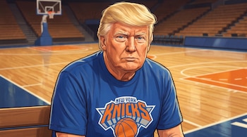 Ilustración de Donald Trump con cabello rubio, vistiendo una camiseta azul con el logo de New York Knicks, sentado frente a una cancha de baloncesto.