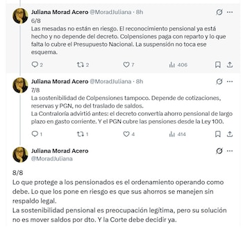 Juliana Morad, directora del Departamento de Derecho Laboral de la Universidad Javeriana, dice que las mesadas no están en riesgo - crédito @MoradJuliana/X