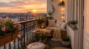 Balcón con barandilla, jardineras con flores rosas, mesa de madera, silla, sofá con cojines, manta, luces de guirnalda, farol con vela, plantas, vista a ciudad al atardecer.